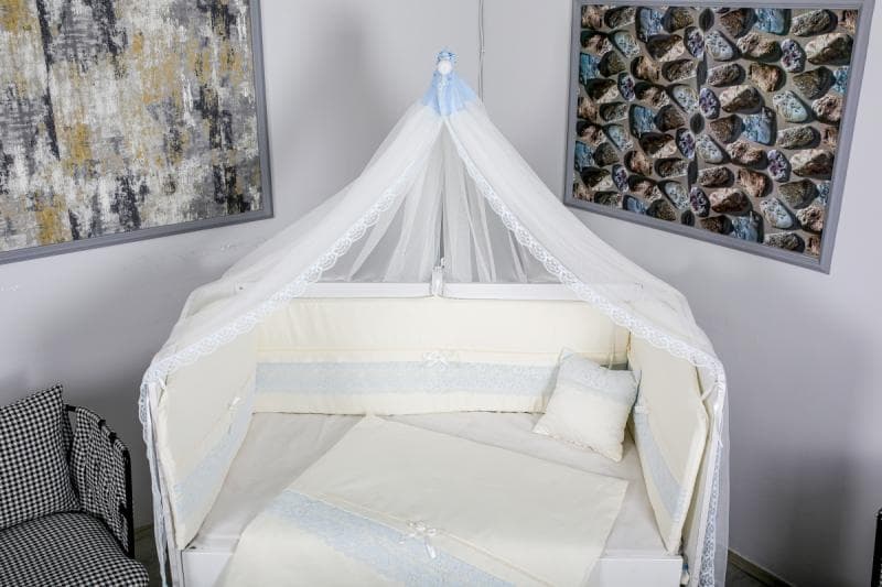 Lenjerie 11 piese Cream albastru cu baldachin 120x60 cm