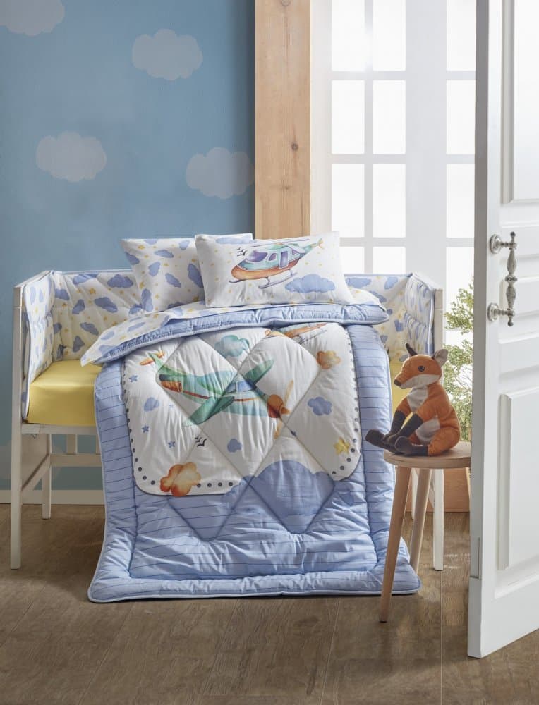 Lenjerie patut cu 6 piese Baby Ranforce Airplane Blue