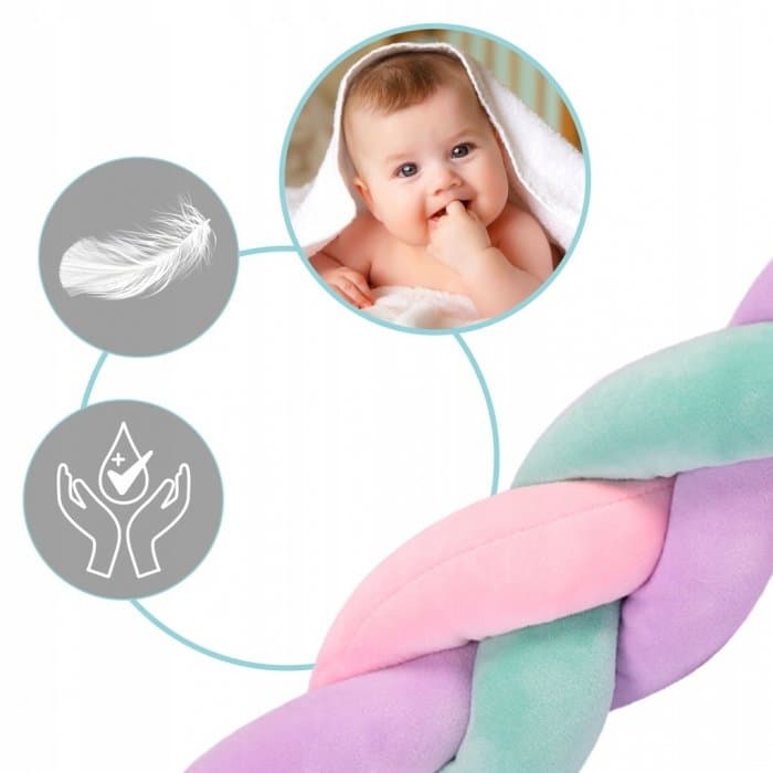 Protectie laterala impletita pentru patut Ricokids Trio RozMovTurcoaz 3metri,inaltime 11.5 cm, din plus cu umplutura antialergica