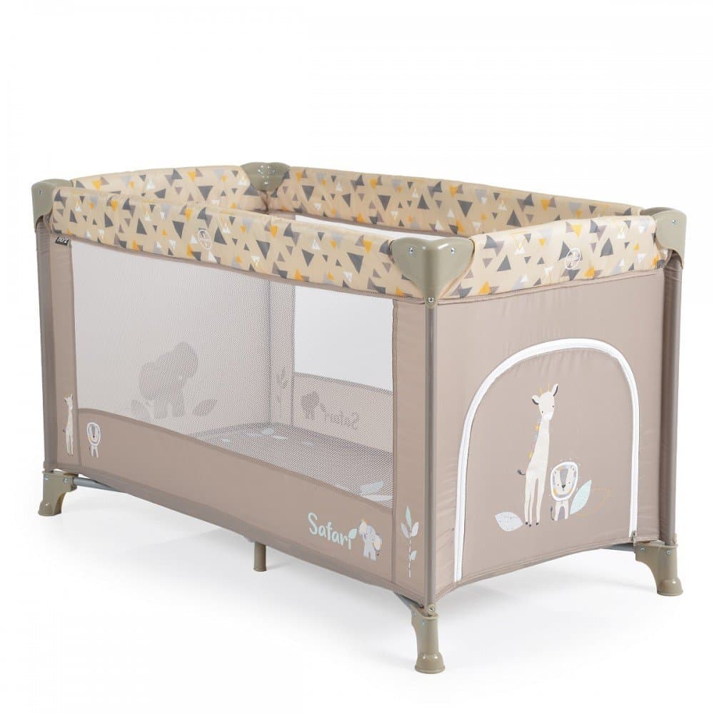 Patut pliabil pentru copii Moni Safari Beige 125x62x75 cm cu un nivel,Deschidere laterala cu fermoar,Saltea pliabila si geanta transport incluse,de la 0 luni pana la 15 kg