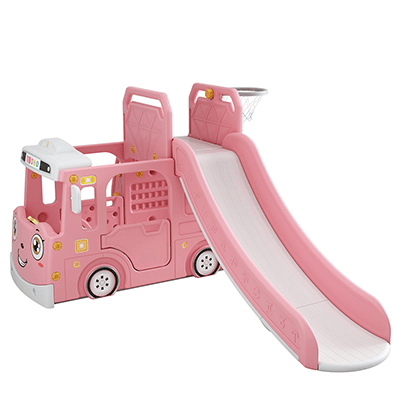 Spatiu de joaca 3 in 1 pentru copii Nichiduta Garden Happy Bus Pink cu tobogan, cos de baschet, 190 x 210 x 116 cm, utilizare interiorexterior, usa cu deschidere, margini rotunjite