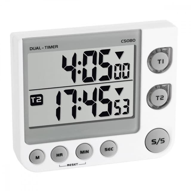 Timer si cronometru digital dual 100 ore LED de avertizare, memorie, volum reglabil alb TFA 38.2025