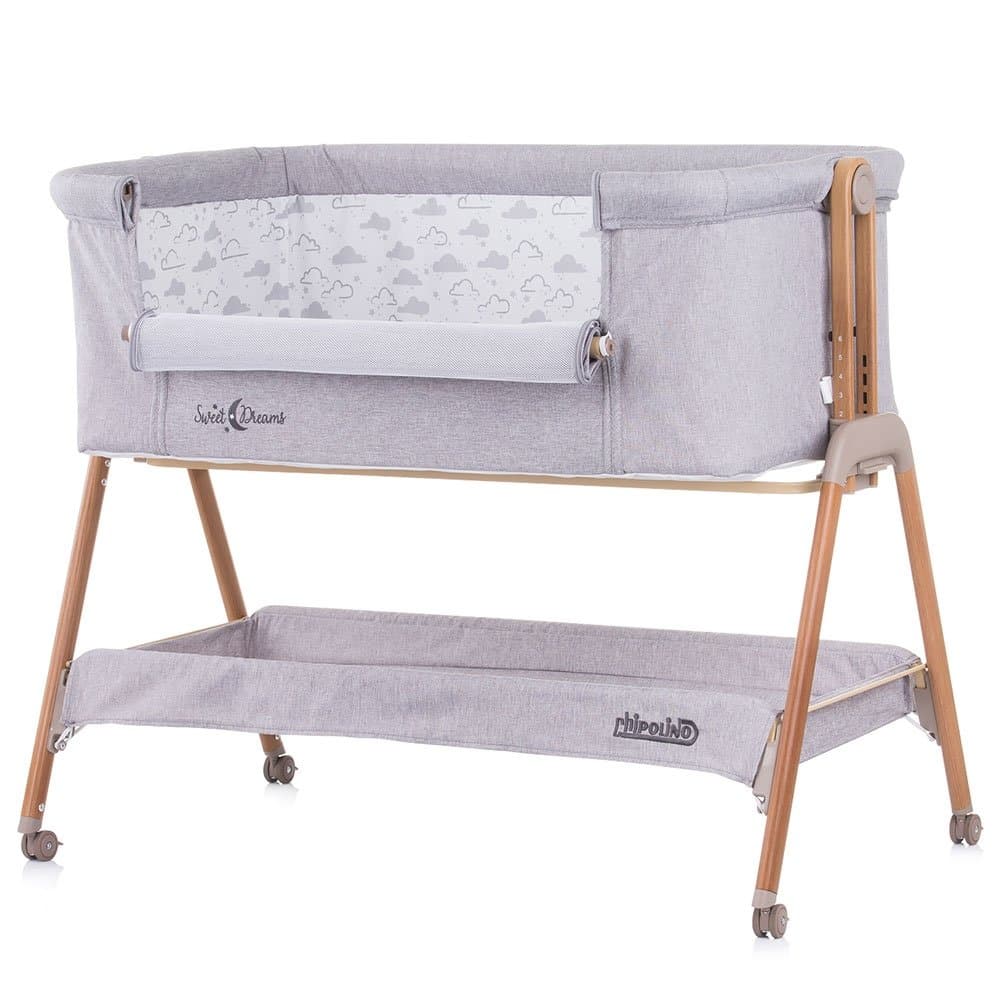 Patut Co-Sleeper Chipolino Sweet Dreams grey wood inaltime reglabila, saltea cu pozitie anti reflux, laterala culisanta, cadru usor din aluminiu