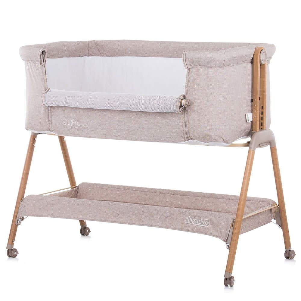 Patut Co-Sleeper Chipolino Sweet Dreams mocca wood inaltime reglabila, saltea cu pozitie anti reflux, laterala culisanta, cadru usor din aluminiu