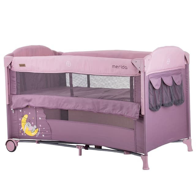 Patut pliabil Chipolino Merida blush cu laterala culisanta, sistem side-sleeping, roti cu sistem de blocare, buzunare pentru accesorii, geanta pentru transport