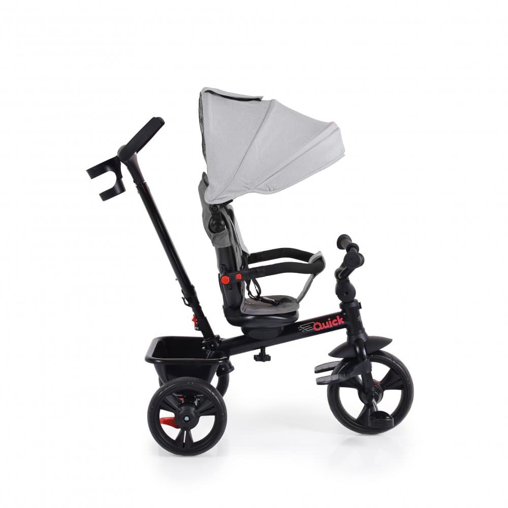 Tricicleta pentru copii Byox Quick Gri cu roti EVA si sezut reversibil, spatar inalt,pliabil, sistem roata libera, maner cu control al directiei, suport pentru picioare si frana pe rotile din spate