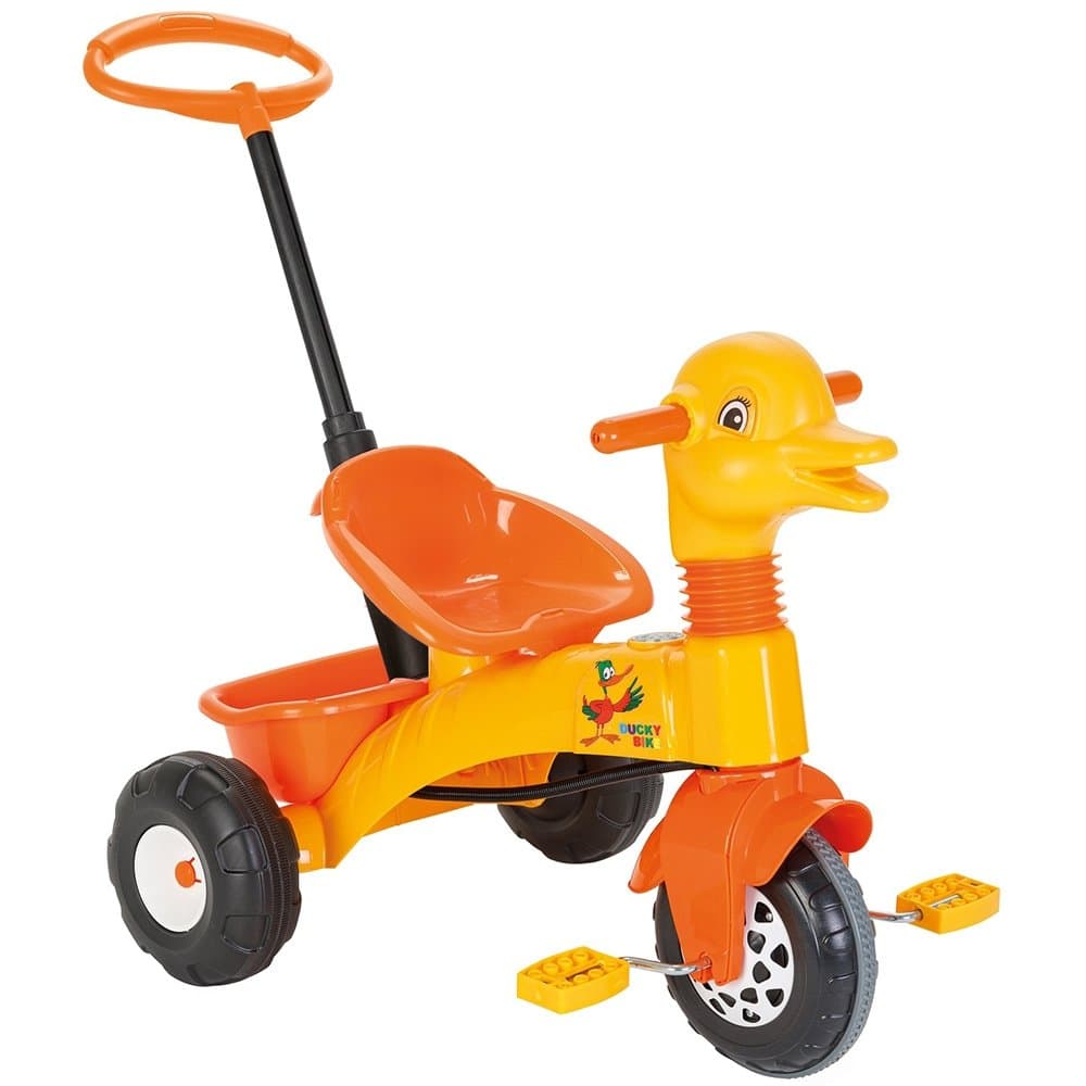 Tricicleta pentru copii Pilsan Duck Yellow, sistem roata libera, control al directiei, spatiu de depozitare, greutate admisa 35 kg