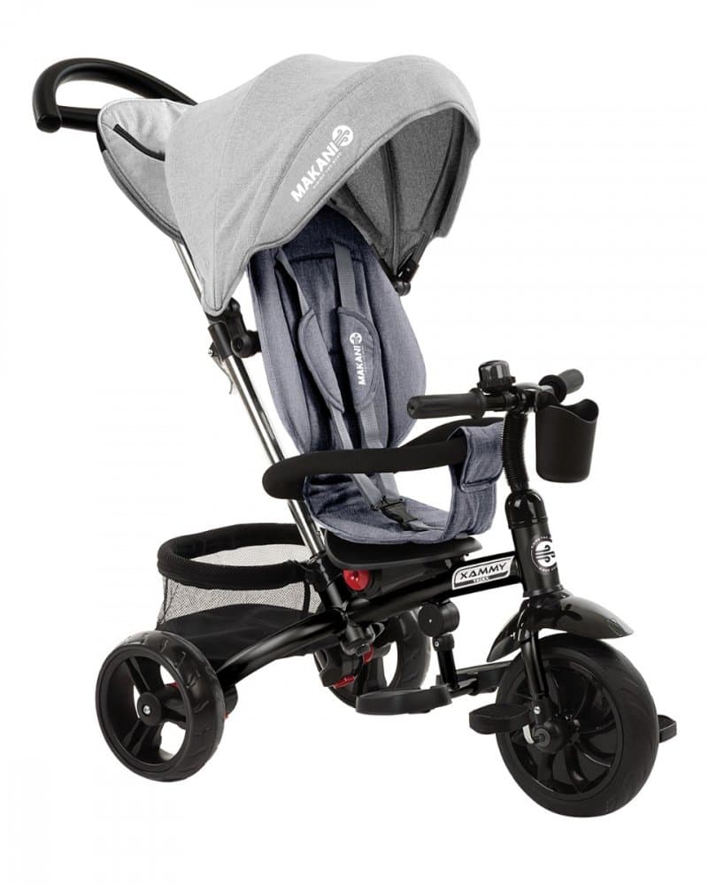 Tricicleta pentru copii Makani Xammy Light Grey multifunctionala, cu spatar reglabil, maner cu control al directiei, roti din cauciuc Eva, suport pentru pahar si gentuta accesorii