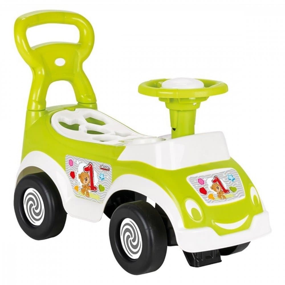 Masinuta pentru copii fara pedale Ride-On Pilsan Shape Sorter Car Green, spatar cu functie de impingere, spatiu de depozitare sub sezut, 5 forme de sortat, greutate maxima admisa 20 kg