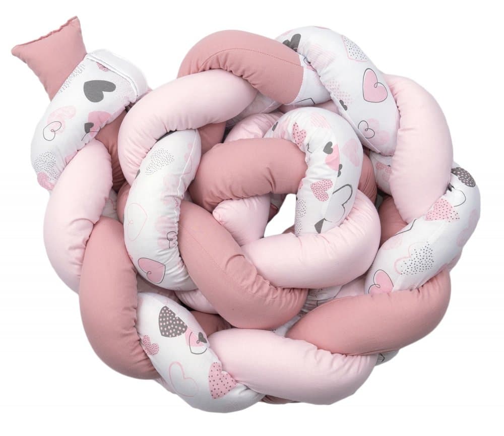 Aparatoare laterala patut Amy Bumper impletit inchidere velcro 210x21 cm Inimioare roz