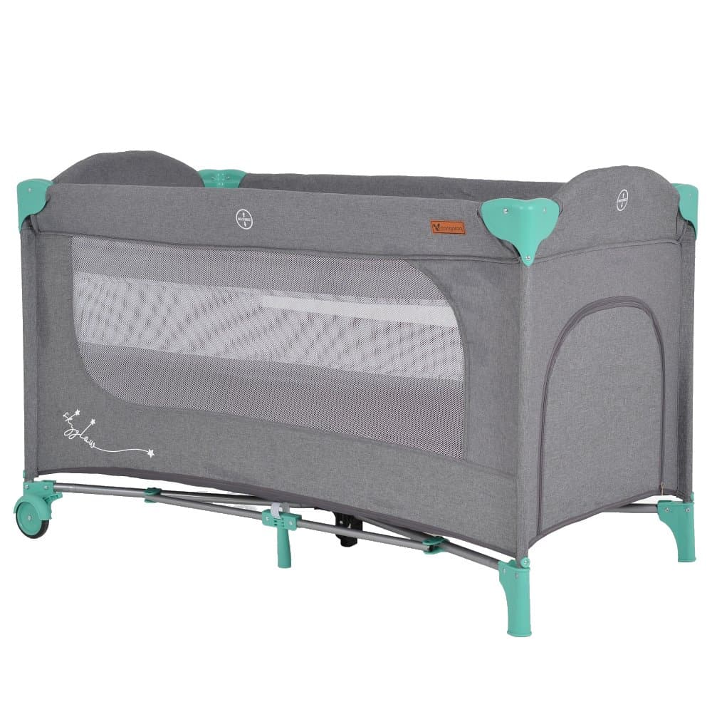 Patut pliabil multifunctional 2in1 Cangaroo SkyGlow Mint cu 2 nivele,roti cu blocare,Usa de acces cu fermoar,laterala cu plasa de ventilatie,pliabil compact,2 inele de sustinere si saltea pliabila incluse