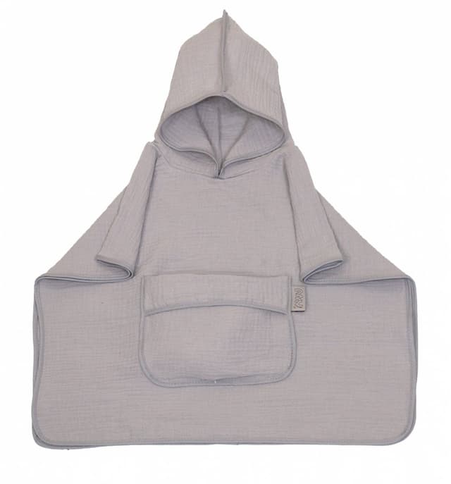 Prosop 60x65 cm din bumbac muselina cu gluga si buzunar pentru bebelusi si copii Amy Poncho gri