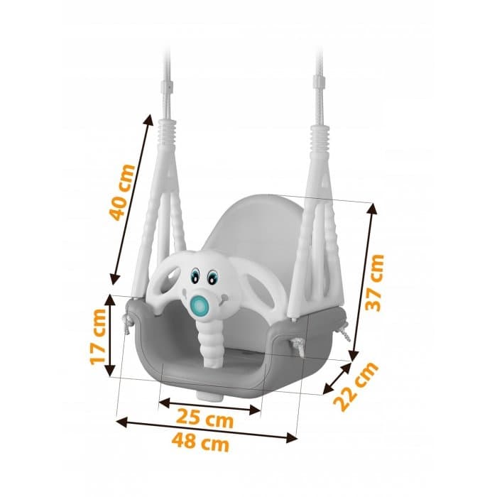 Leagan de gradina convertibil 3in1 pentru copii Ricokids Elefant GriAlb utilizare interiorexterior cu bara de protectie si spatar detasabile,franghii cu dimensiune reglabila,sezut ergonomic,sarcina maxima 30 kg
