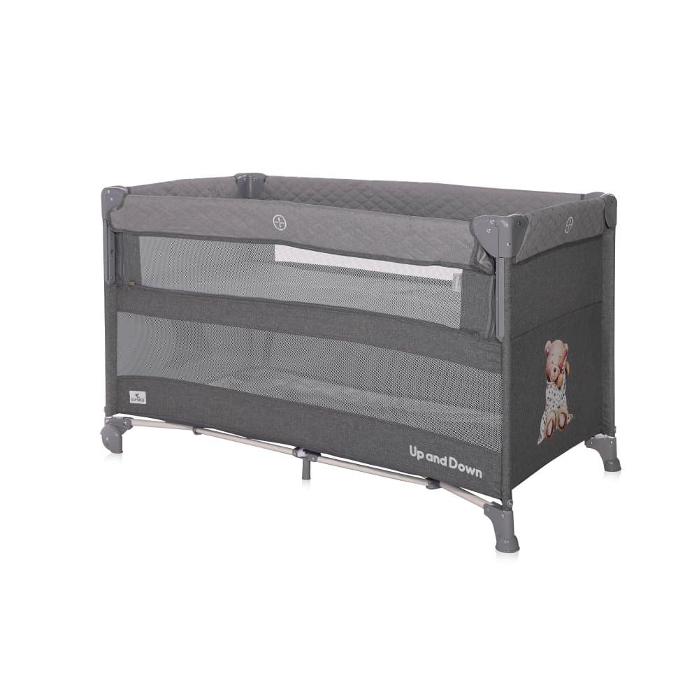 Patut pliabil Up and Down Cool Grey Bear cu laterala culisanta, sistem side-sleeping, cu 2 nivele, usa laterala cu fermoar, saltea si geanta de transport incluse