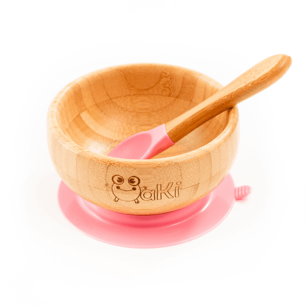 Set castron si farfurie cu lingurita pentru diversificare Oaki din bambus Elefant Roz
