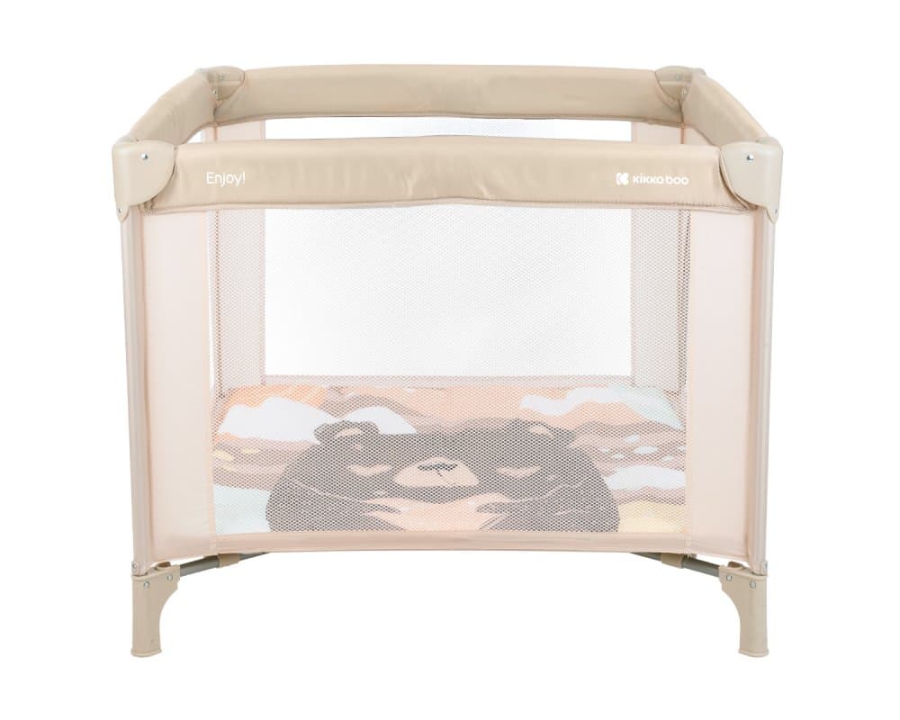 Tarc de joaca pentru copii KikkaBoo Enjoy Beige Bear 2023 cu pliere compacta,usa mare de acces cu fermoar,saltea pliabila moale,inele si geanta pentru transport incluse