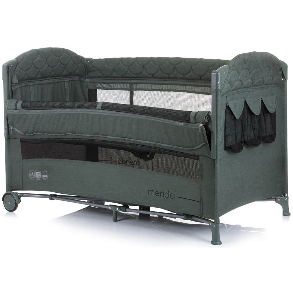 Patut Chipolino Merida aloe linen cu laterala culisanta, pliabil, cu laterala culisanta, sistem side-sleeping, roti cu sistem blocare, buzunar depozitare