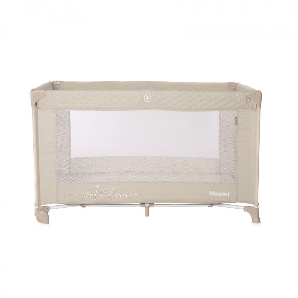 Patut Lorelli Noemi Fog Beige Star pliabil, cu 1 nivel, laterala cu fermoar, roti cu sistem de blocare, salteluta si geanta de transport incluse
