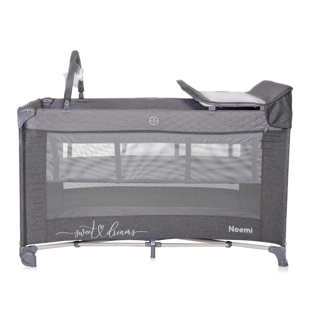 Patut pliabil Noemi Plus Cool Grey Star cu 2 nivele, usa laterala cu fermoar, roti cu sistem de blocare, accesorii incluse