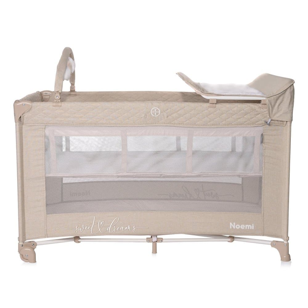 Patut pliabil Noemi Plus Fog Beige Star cu 2 nivele, usa laterala cu fermoar, roti cu sistem de blocare, accesorii incluse