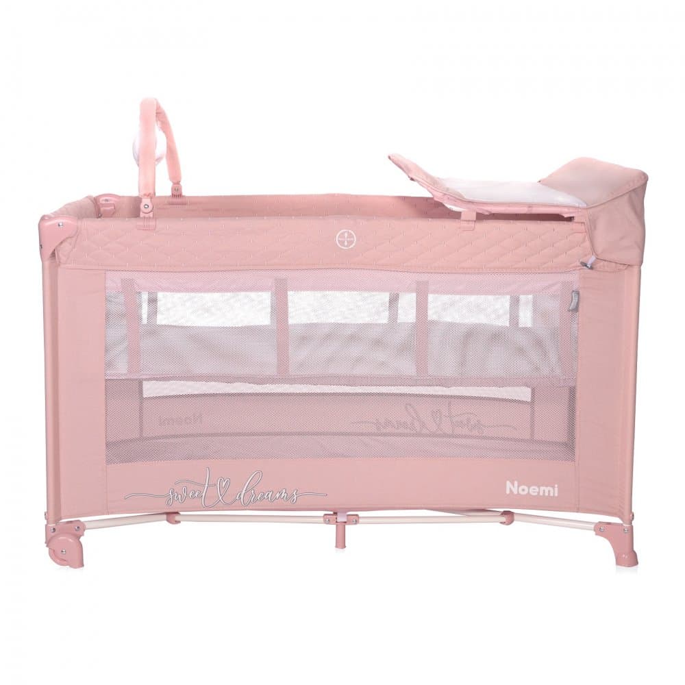 Patut pliabil Noemi Plus Mellow Rose Star cu 2 nivele, usa laterala cu fermoar, roti cu sistem de blocare, accesorii incluse