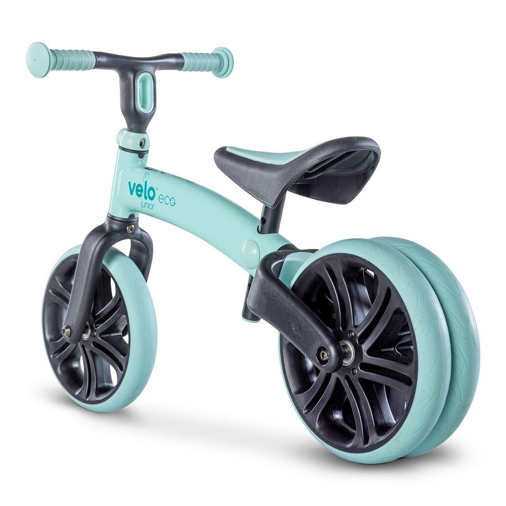 Bicicleta copii fara pedale Yvolution Y Velo Junior Eco green 9 inch, roti duble spate, varsta 18 luni-3 ani, scaun si ghidon reglabile in inaltime, greutatea maxima a copilului 20 kg