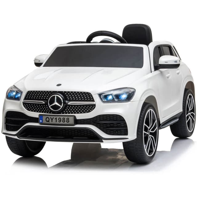 Masinuta electrica pentru copii Nichiduta Mercedes GLE 450 AMG White 90W, cu roti din cauciuc, scaun piele, pornire la buton, unitate audio cu display, mufa Mp3 si usb, schimbator de viteze si sistem troller