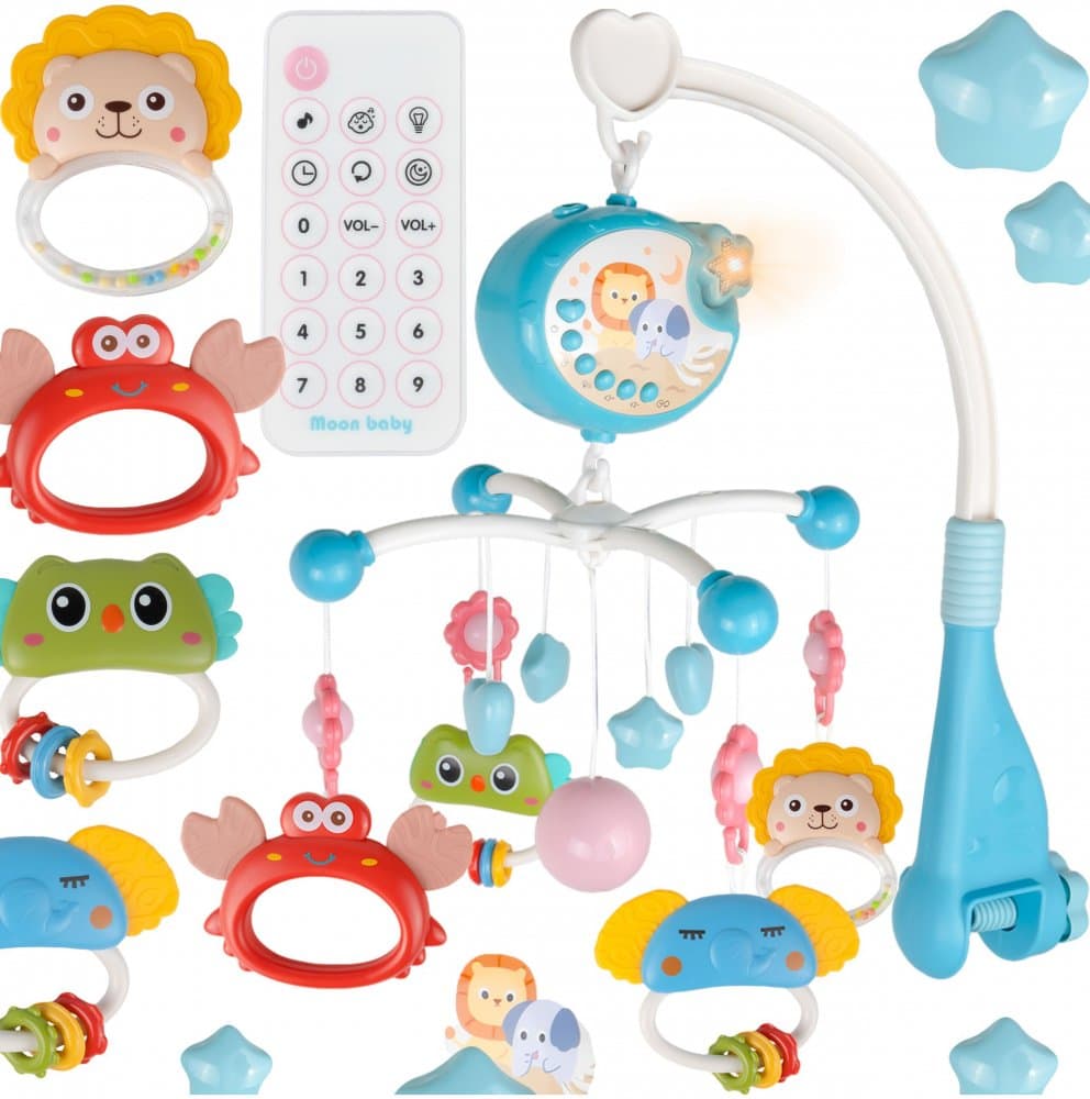 Carusel muzical cu rotire 360 de grade, cu pandantive colorate, cronometru, pronuntie numere in engleza, cantece vesele, proiector si Telecomanda, Blue