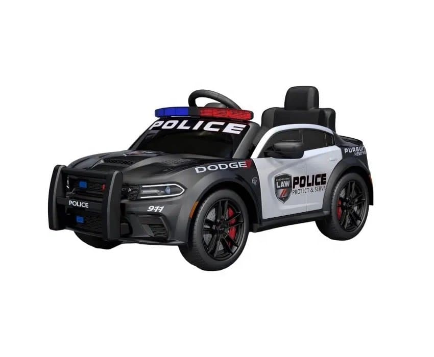 Masinuta electrica pentru copii Dodge Police Black 70W cu scaun din piele, roti EVA, deschidere usi, pornire la buton si telecomanda