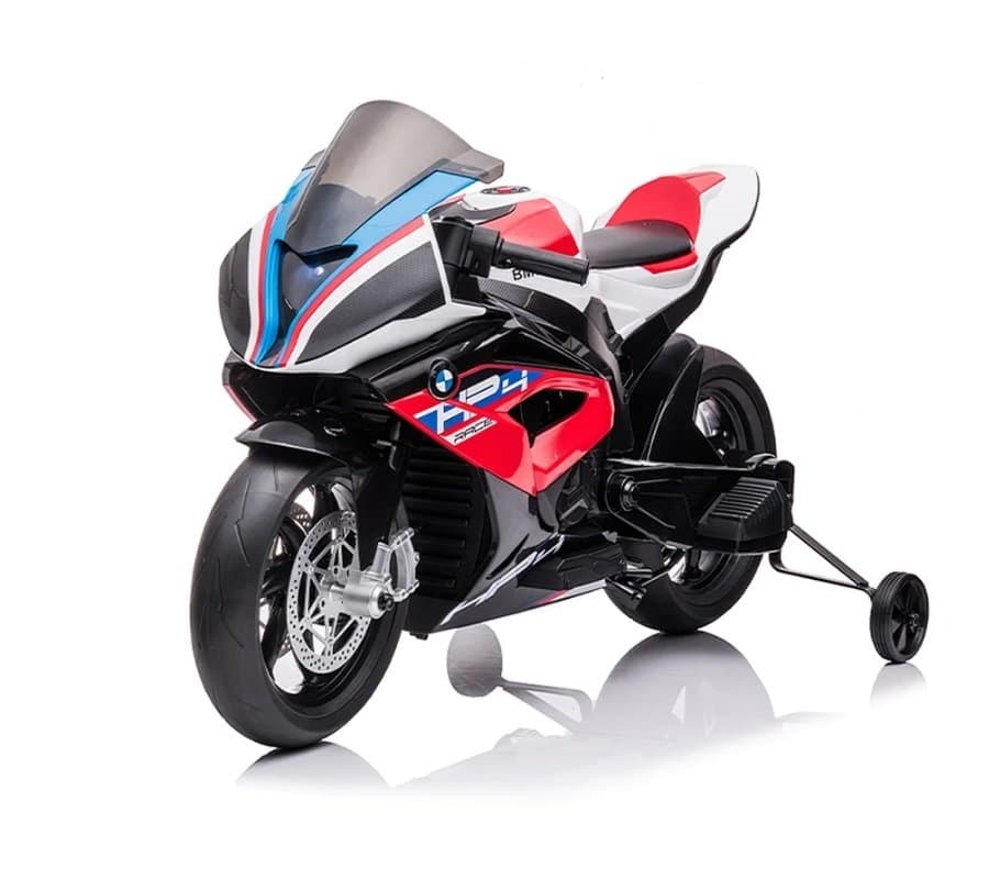 Motocicleta electrica pentru cpoii BMW HP4 Red 12V 90W cu scaun din piele, sezut confortabil, roti ajutatoare si efecte sonore