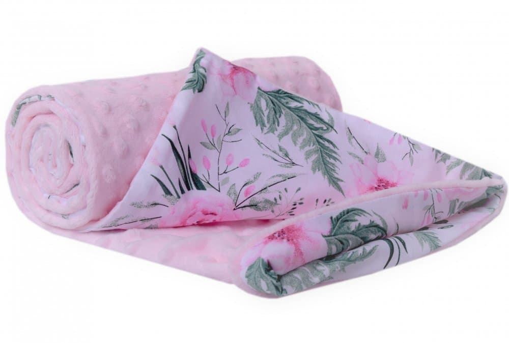 Paturica pentru copii, Nichiduta Flowers Light Pink, cu doua fete, material bumbac minky 100 , dimensiune 75 x 100 cm
