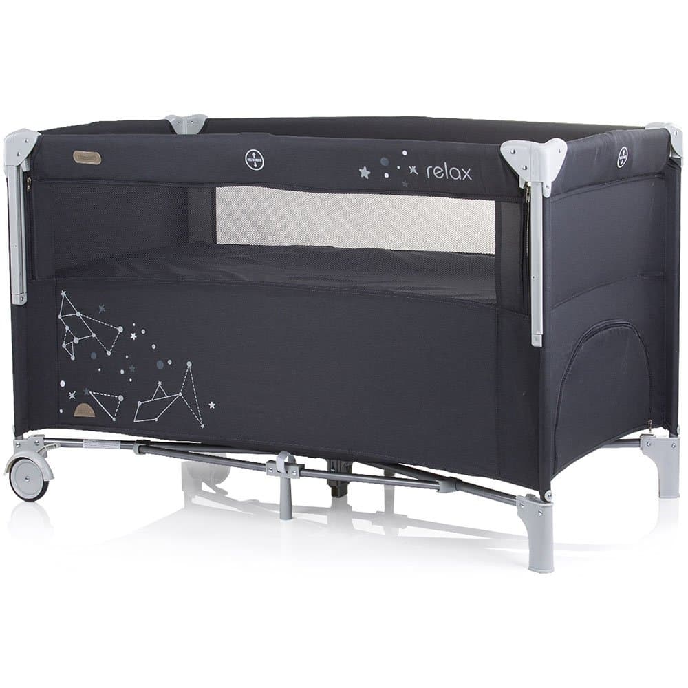 Patut Chipolino Relax ebony linen pliabil, cu laterala culisanta, sistem side-sleeping, buzunar, usita cu fermoar, roti cu blocare, geanta de transport inclusa, standard European EN716-1