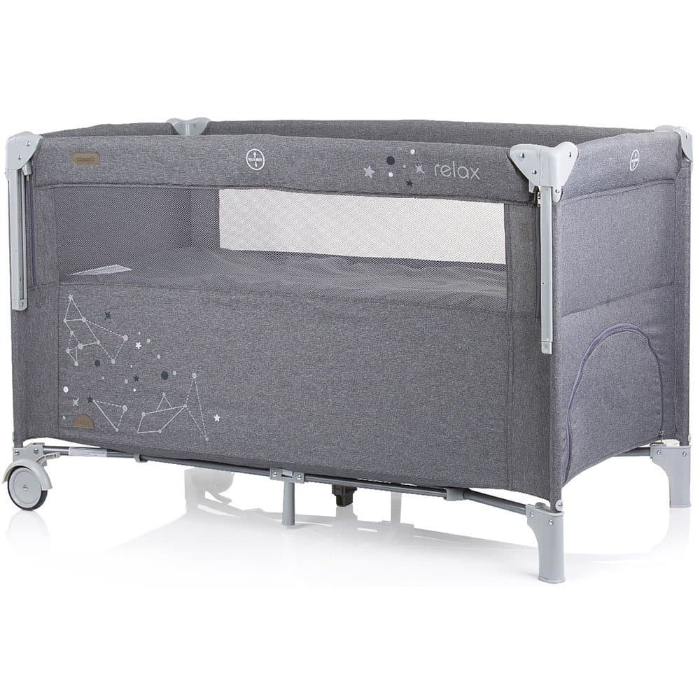 Patut Chipolino Relax glacier linen cu laterala culisanta pliabil, cu laterala culisanta, sistem side-sleeping, buzunar, usita cu fermoar, roti cu blocare, geanta de transport inclusa, standard European EN716-1