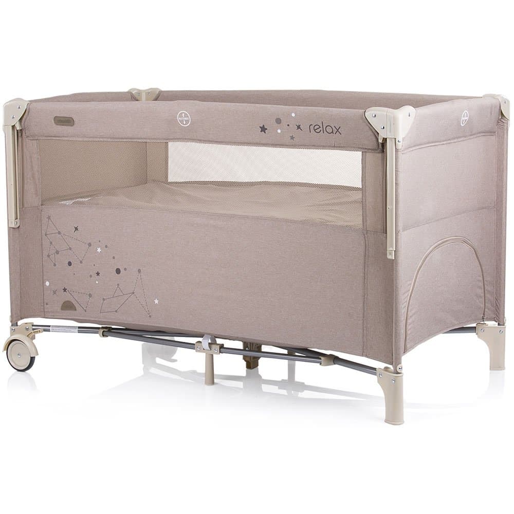 Patut Chipolino Relax sand linen cu laterala culisanta pliabil, cu laterala culisanta, sistem side-sleeping, buzunar, usita cu fermoar, roti cu blocare, geanta de transport inclusa, standard European EN716-1