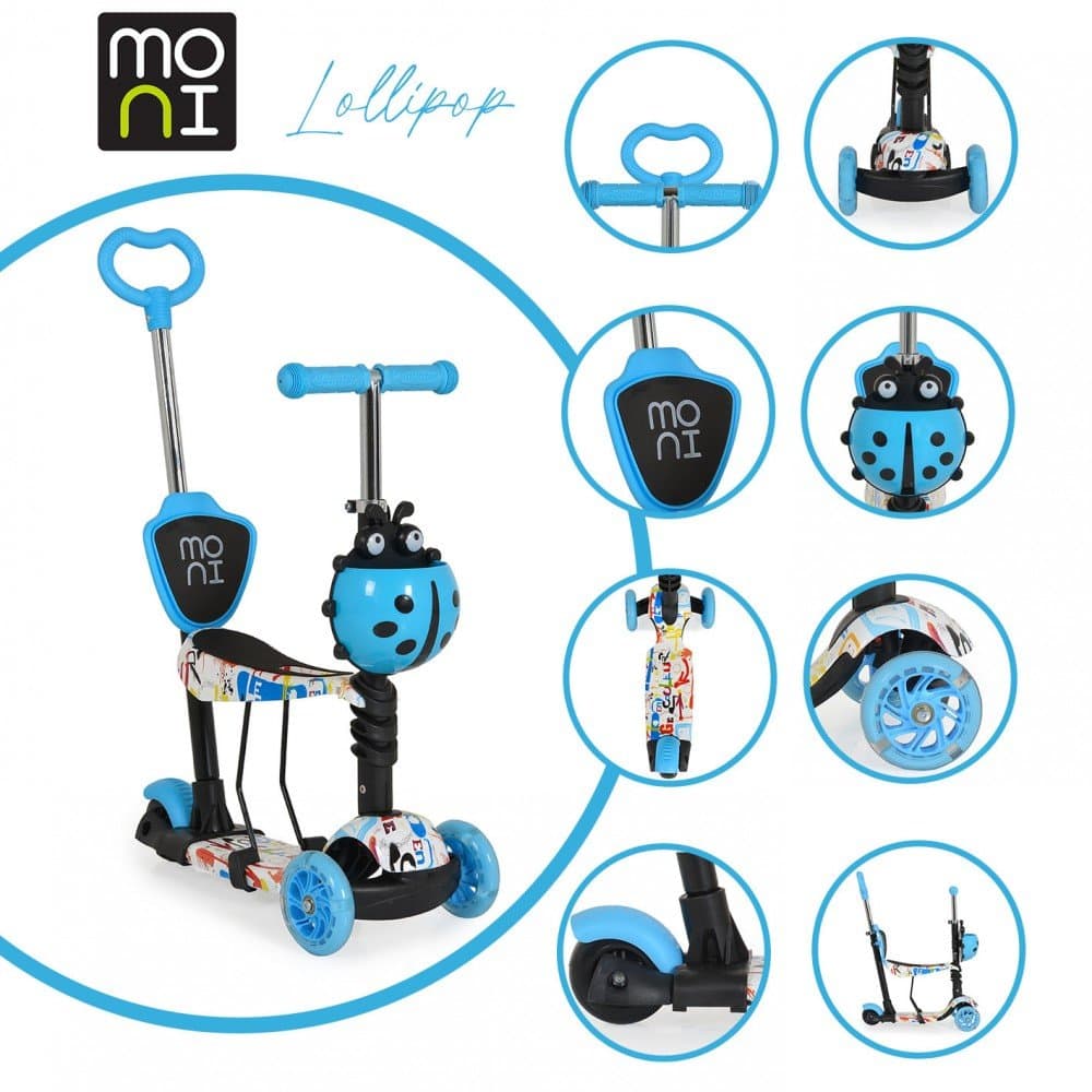 Trotineta evolutiva Scooter 3in1 cu maner parental,viraj intuitiv,inaltime ghidon reglabila pe 3 nivele,baza antiderapanta,scaunel cu spatar,roti PU cu lumini si cosulet Moni Lollipop Blue
