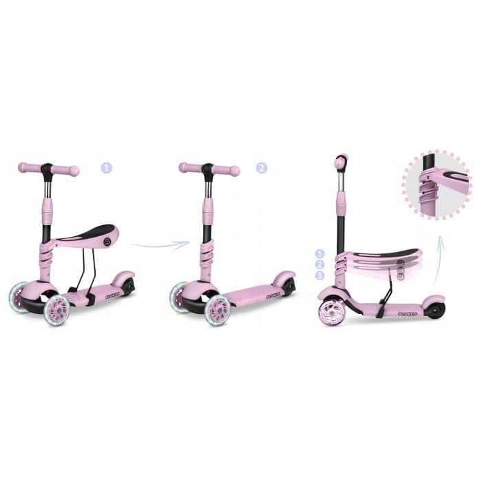Trotineta 3 in 1 pentru copii Ricokids Cubi Roz cu scaunel,roti cu lumini LED,platforma antiderapanta,cadru din aluminiu,manere ergonomice,greutate suportata 30 kg, varsta 3 ani+