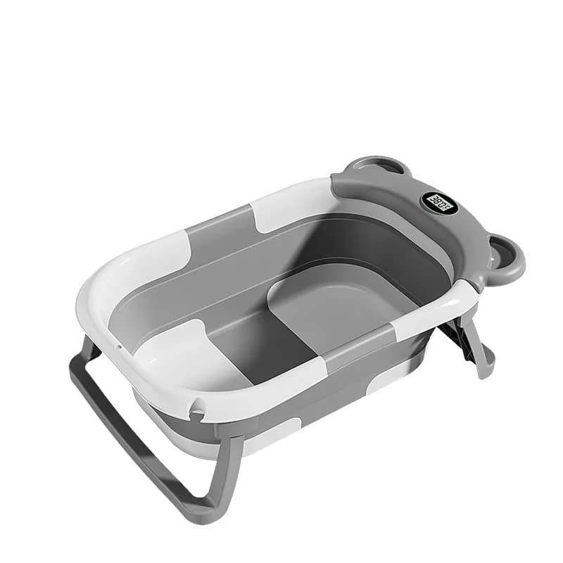 Cadita bebelusi ultrapliabila Little Mom Bear Grey, cu pernuta moale detasabila, termometru incorporat, display digital,suport cap de dus, sistem de agatare, dop pentru evacuarea apei, material non-toxic