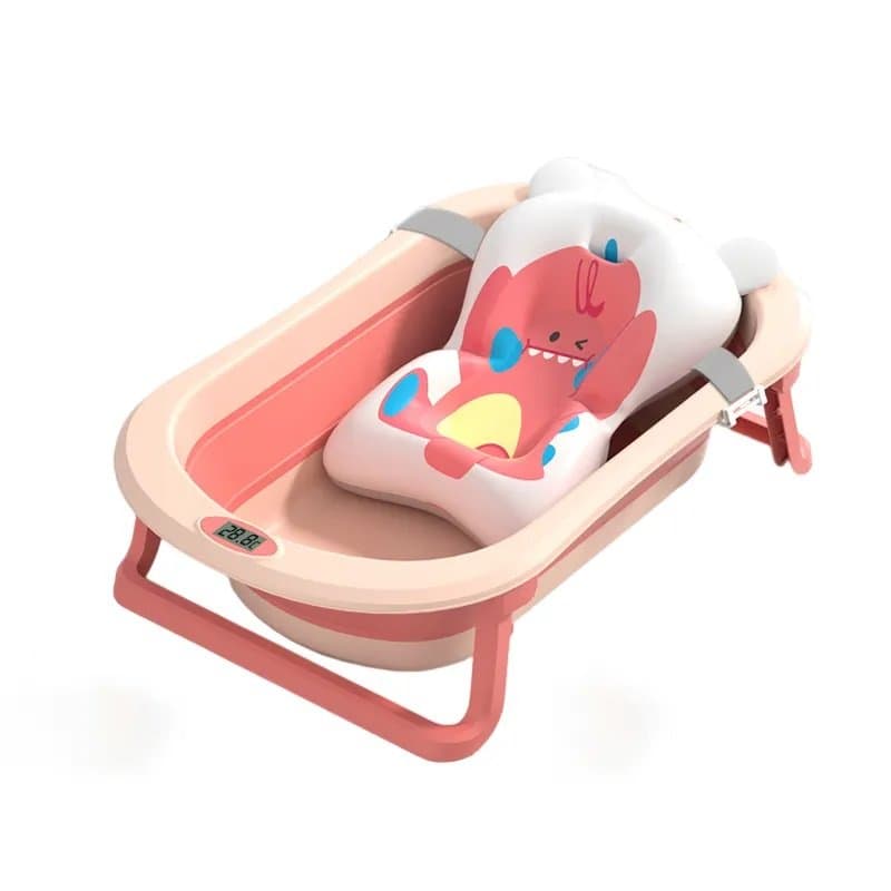 Cadita bebelusi pliabila Little Mom Dino Pink, include o perna de siguranta detasabila, termometru cu display digital, protectie anti-alunecare, 87x51x23 cm