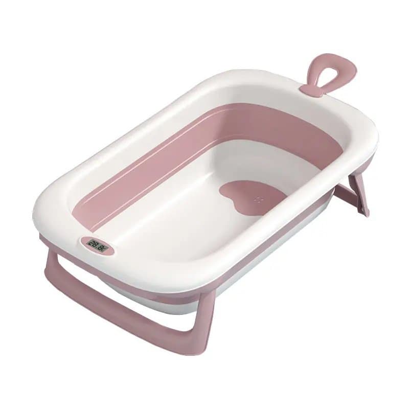 Cadita Little Mom Bubble Pink pliabila, cu termometru incorporat, margini rotunjite, dop evacuare, fara BPA, dimensiuni 87x51x23 cm