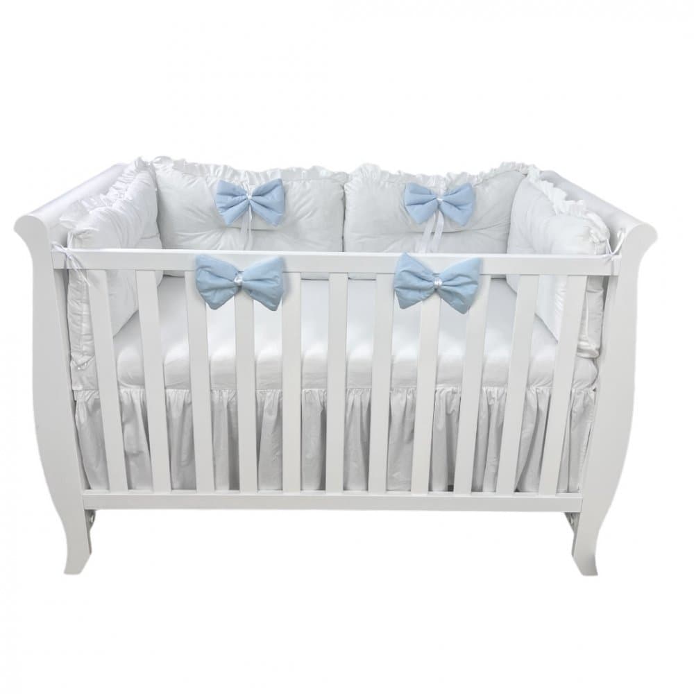Set 4 perne aparatori super groase albe + cearsaf cu volanas si fundite 120x60 cm albastru pal