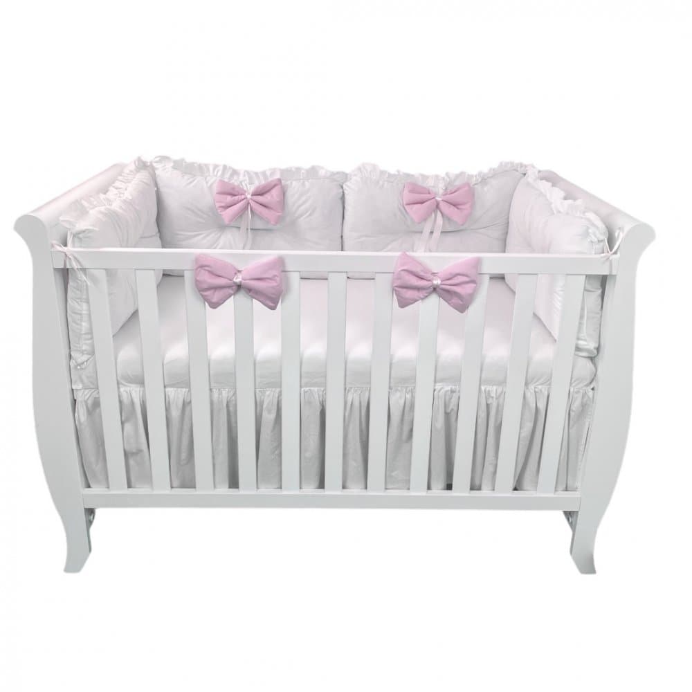 Set 4 perne aparatori super groase albe + cearsaf cu volanas si fundite 120x60 cm roz pal