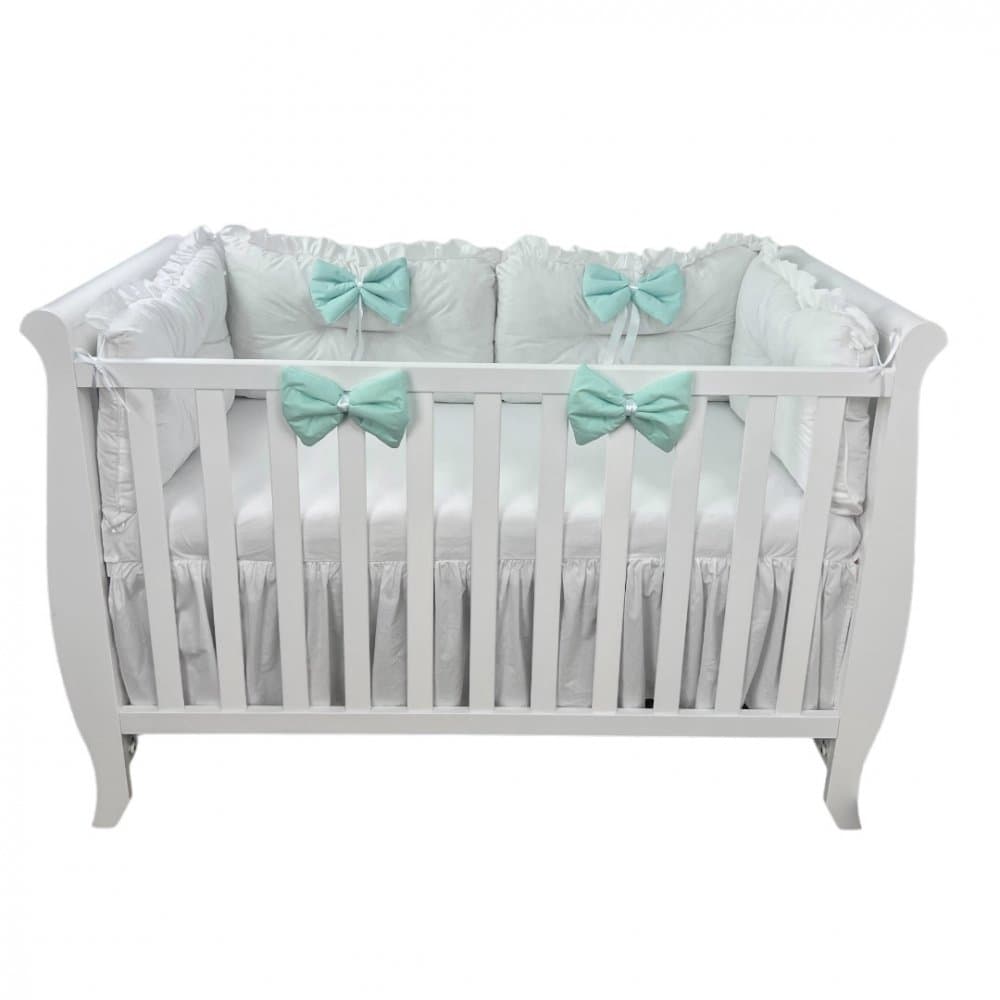 Set 4 perne aparatori super groase albe + cearsaf cu volanas si fundite 120x60 cm vernil