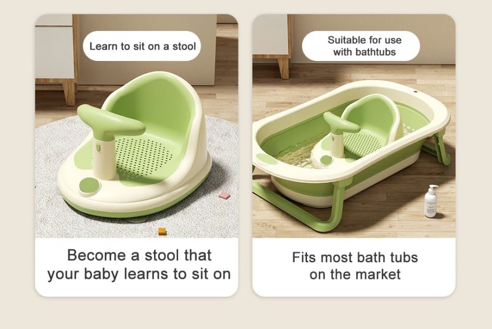 Scaunel de baie pentru bebelusi Little Mom Bubble Green, multifunctional, ergonomic cu maner de sustinere, orificii pentru drenaj, spatar si sezut antiderapant, laterale deschise, dimensiune 39,5 x 30,8 x 22 cm