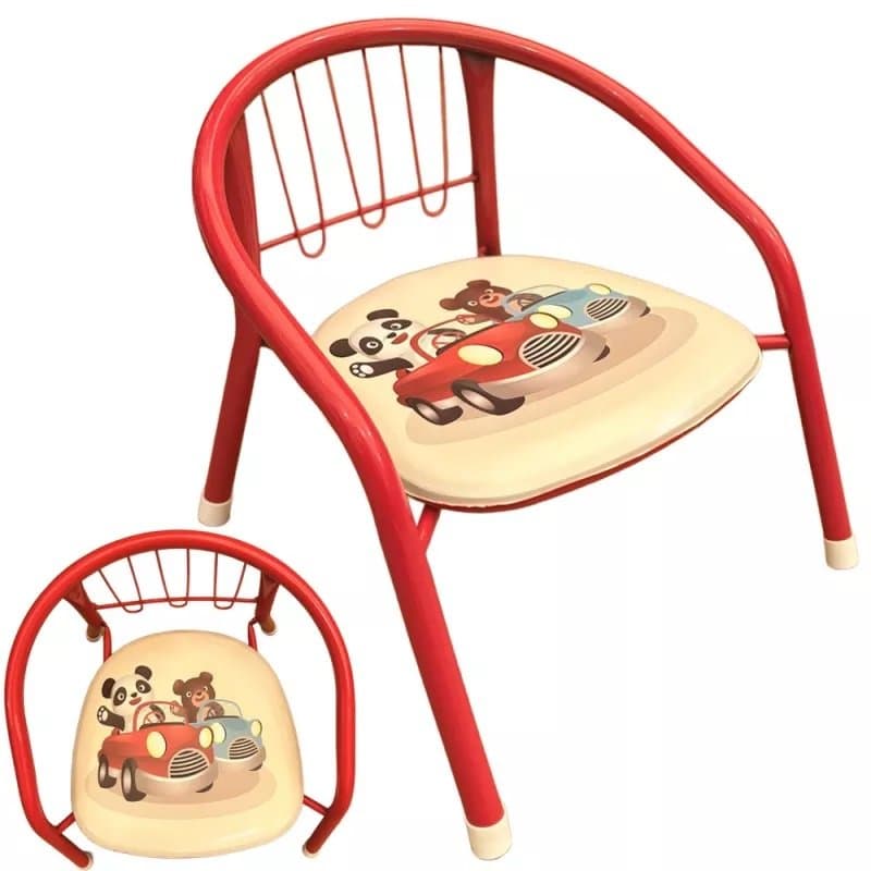 Scaunel pentru copii NiceKids cu cadru metalic, sezut moale, spatar ergonomic si picioare stabile cu protectie antiderapanta, inaltime 36 cm, Red Cars