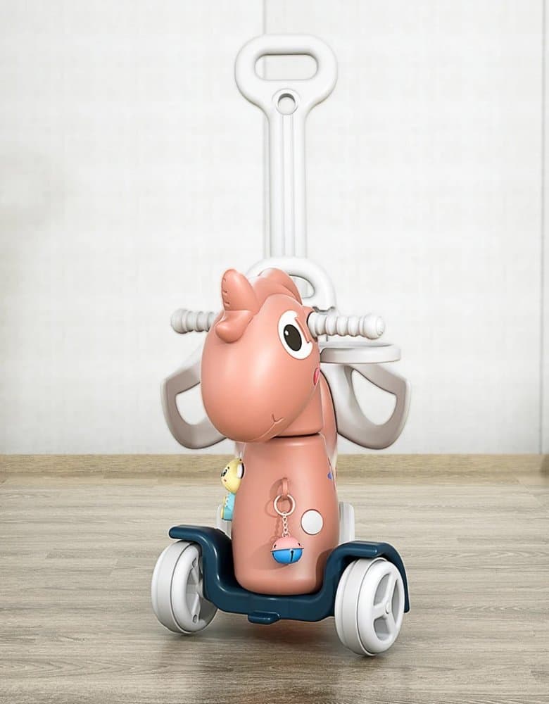 Balansoar 3 in 1 Nichiduta Garden Lovely Unicorn Pink transformabil in vehicul fara pedale cu maner parental, roti EVA, centuri de siguranta, jucarie muzicala, spatar si bara de siguranta detasabile