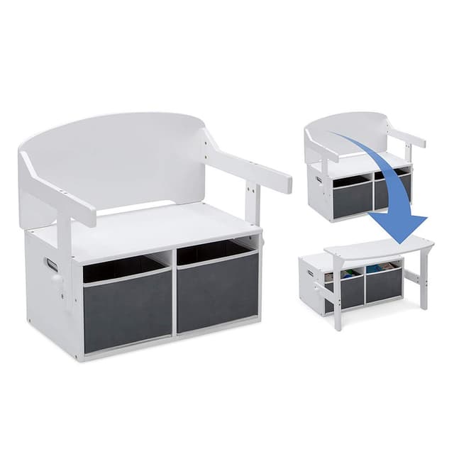 Bancuta transformabila 3in1 din lemn Ginger Home AlbGri cu spatiu depozitare,spatar inalt,colturi si margini rotunjite,manere transport,2 cutii din material textil incluse