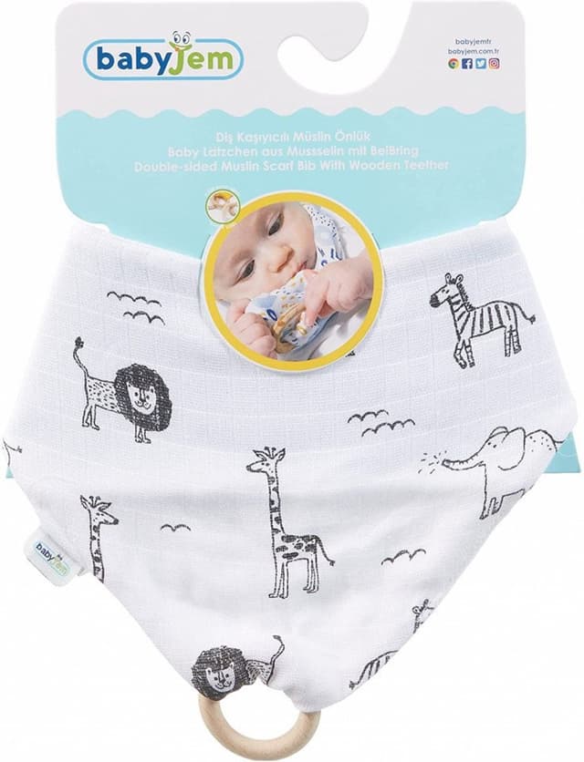 Baveta din muselina cu inel din lemn BabyJem Zoo