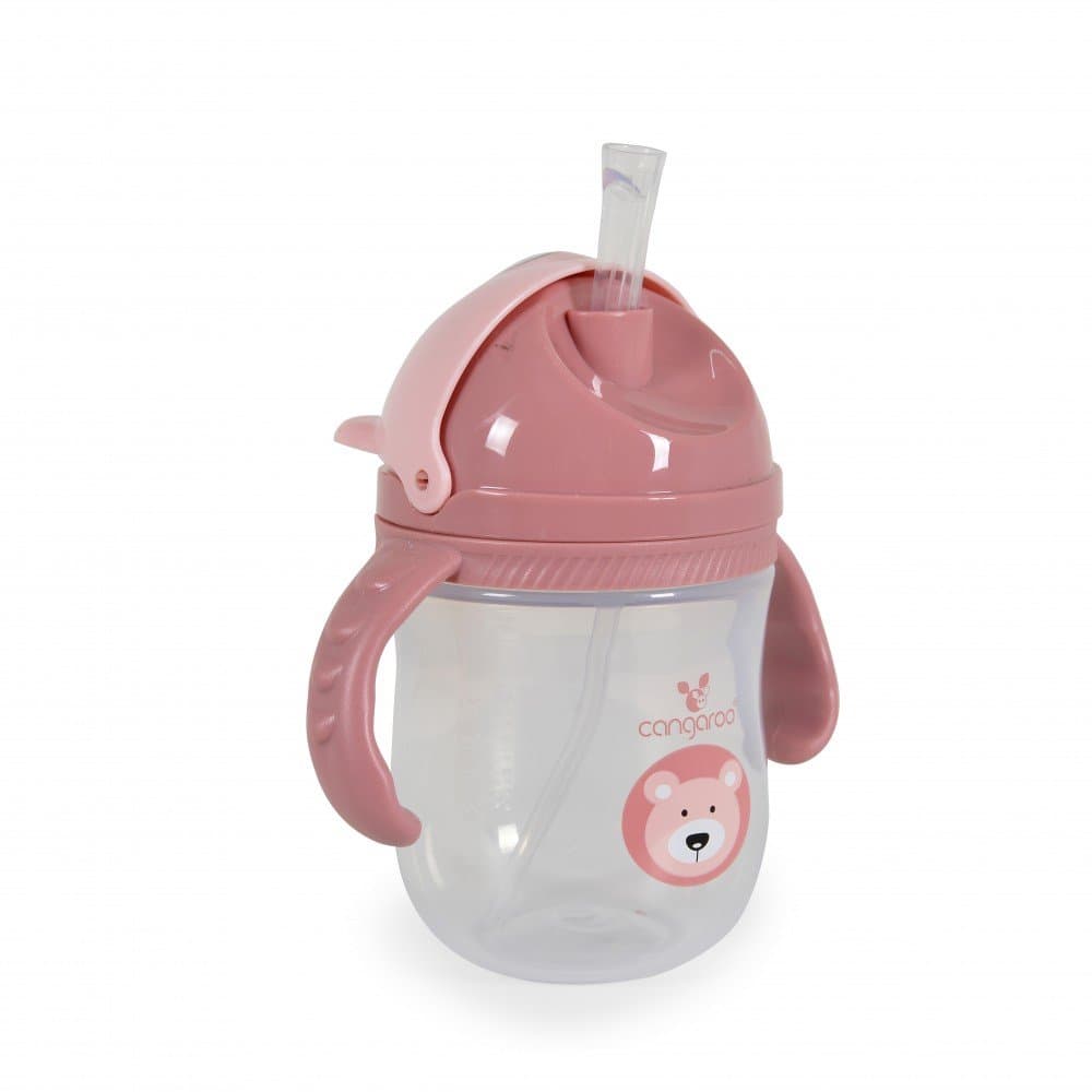 Cana cu pai si manere Cangaroo 240ml Bear Pink Berry