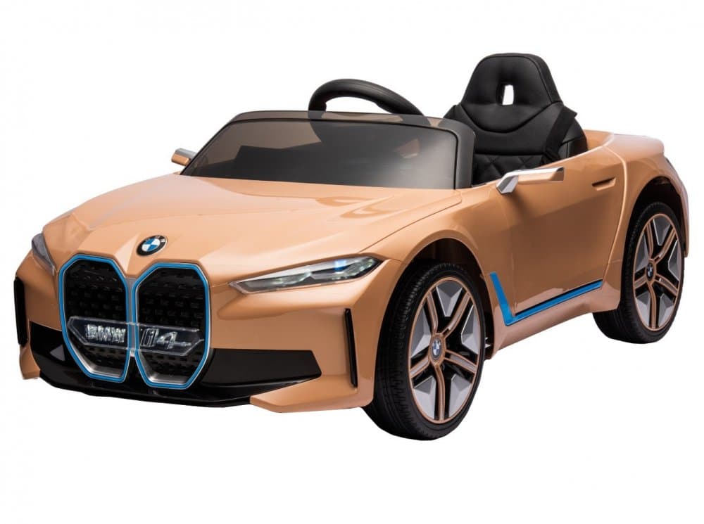 Masinuta electrica pentru copii BMW I4 Brown 12V 70W cu scaun piele, roti EVA, slow start, lumini si sunete