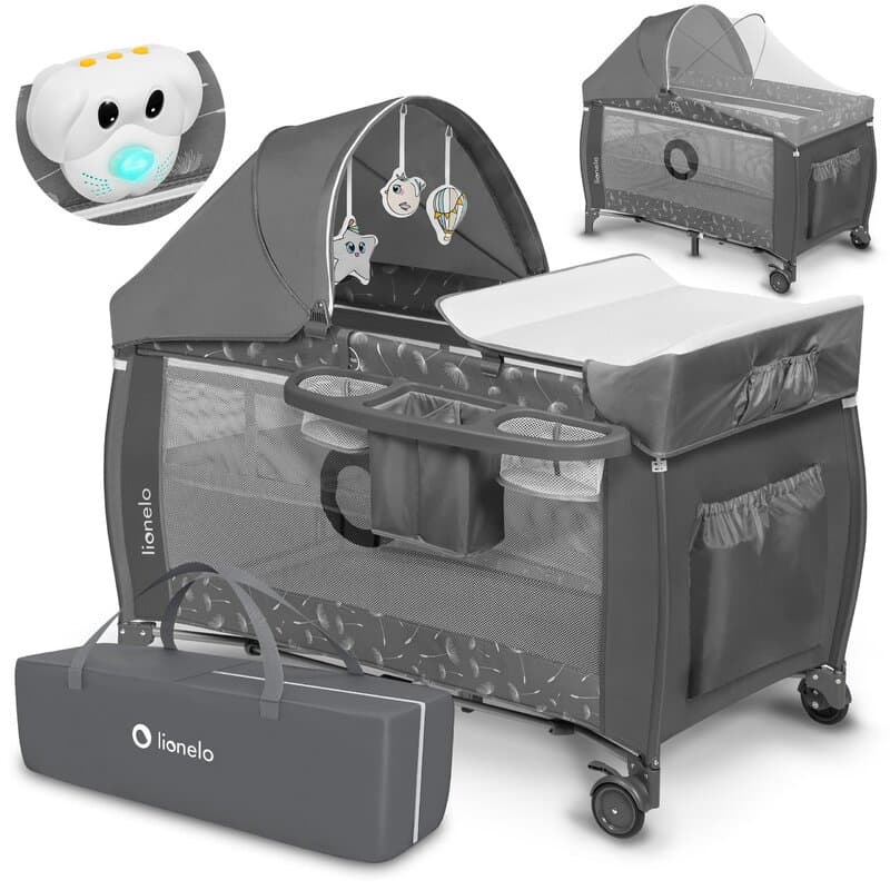 Patut pliant Lionelo Sven Plus Grey cu doua nivele, cu arcada jucarii, masuta de infasat, vibratii, melodii, conform cu standardele europeane de securitate EN716 si EN12221